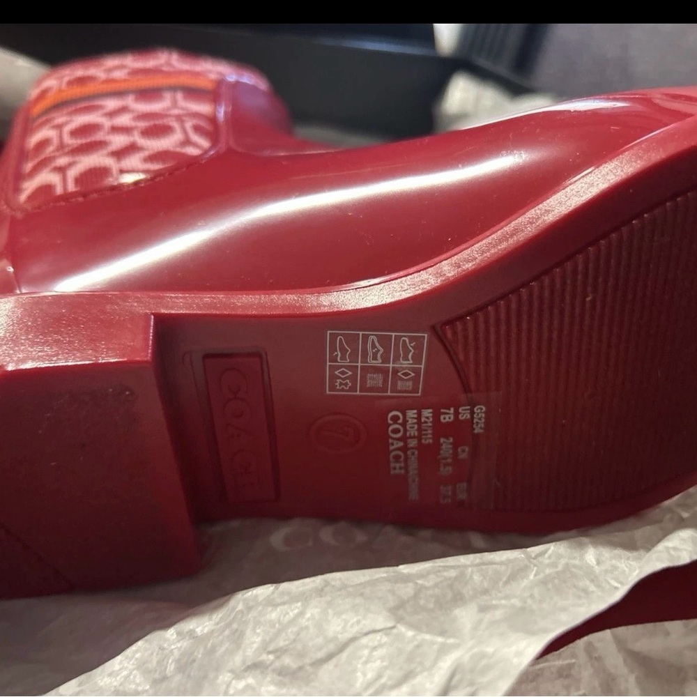 Coach Red Glossy Logo Rain Boots with Signature Knit Panel - Picture 2 of 3